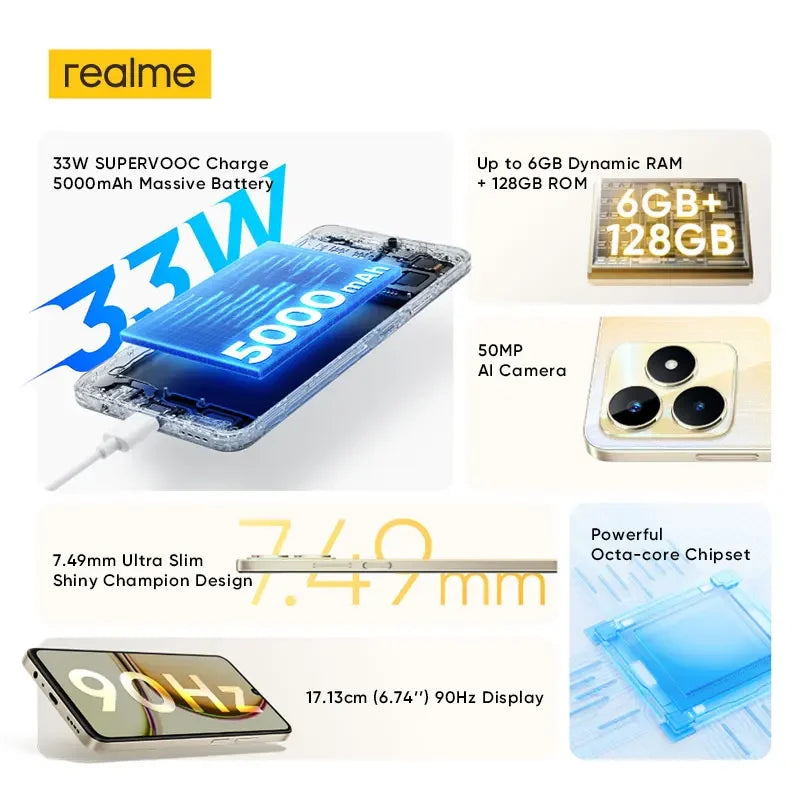 Global Version realme C53 Smartphone 6.74" 90Hz Display 50MP AI Camera Powerful Octa-core Chipset 33W 5000mAh Mobile Phone NFC