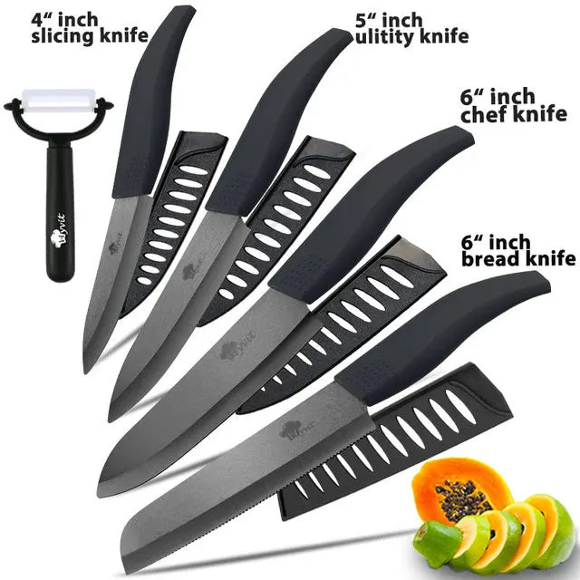 Ceramic Knives Complete Kitchen Unit 3 4 5 6 Inch Utility Fruit Slicing Peeler with Sheath Black Zirconia Blade Bread Chef Knife