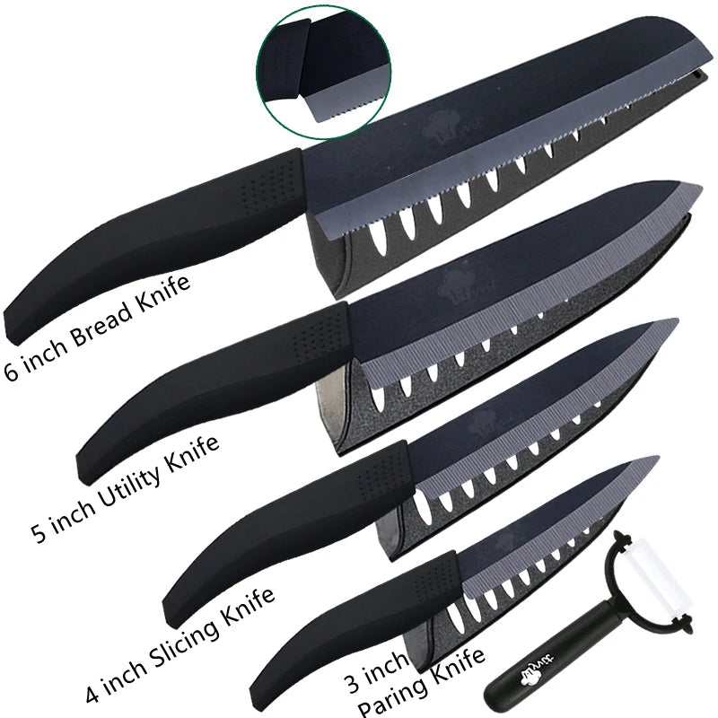 Ceramic Knives Complete Kitchen Unit 3 4 5 6 Inch Utility Fruit Slicing Peeler with Sheath Black Zirconia Blade Bread Chef Knife