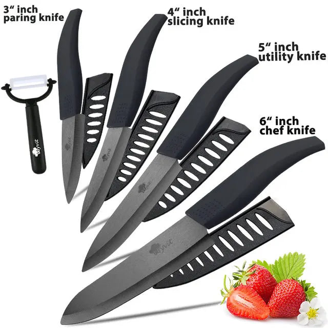 Ceramic Knives Complete Kitchen Unit 3 4 5 6 Inch Utility Fruit Slicing Peeler with Sheath Black Zirconia Blade Bread Chef Knife