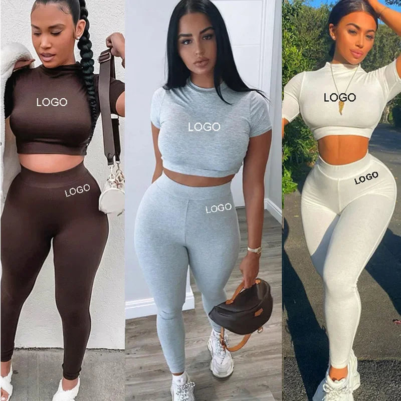 Custom Women Clothing ladies suit Two Piece Fitted Pants and crop Set Short Sleeve Skinny Crop Top Jogger Sweatpants Set Women - Topbrand24