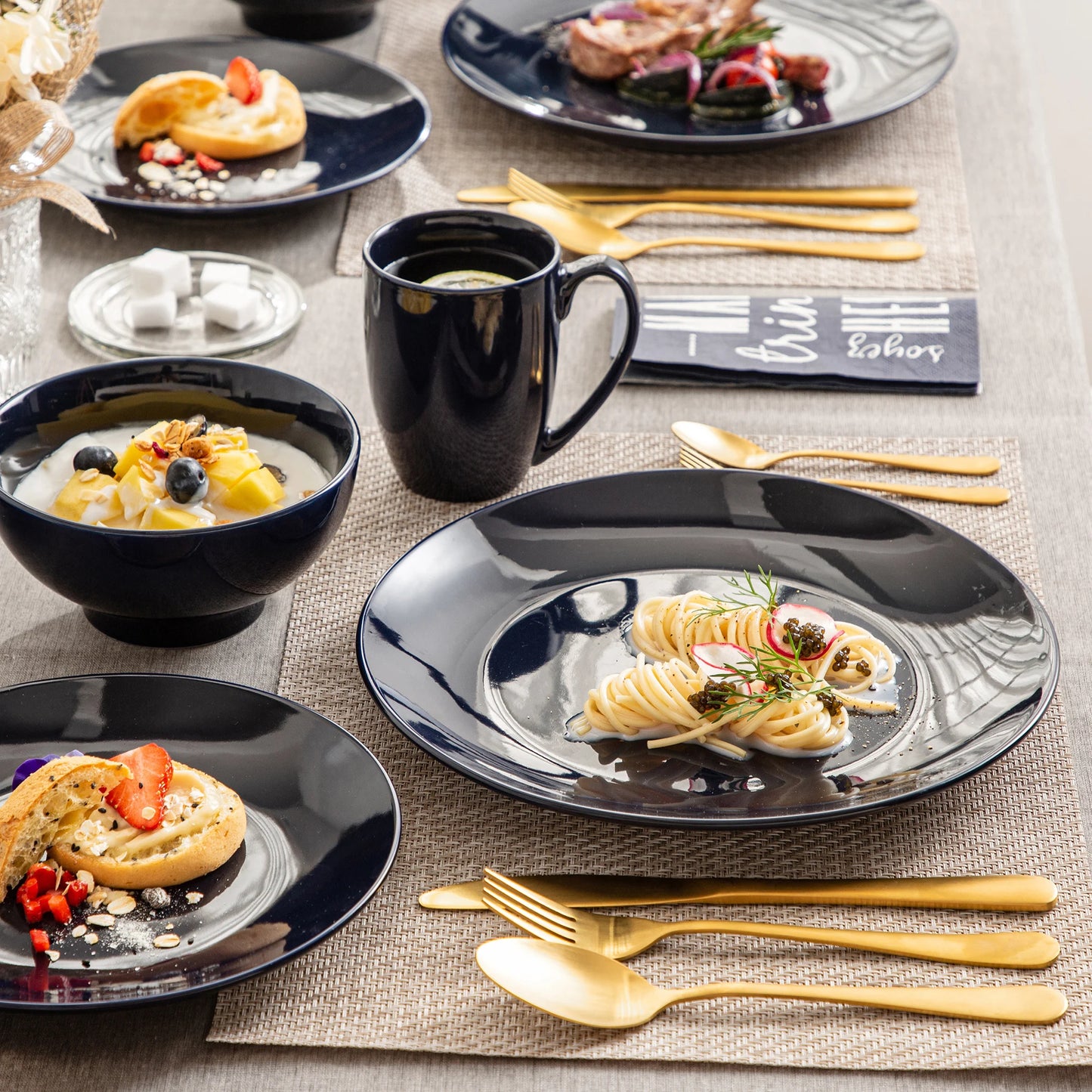 LOVECASA DS 16/32/48-Piece Dark Blue Ceramic Porcelain Dinnerware Dinner Set with Dinner Plate,Dessert Plate,Bowl,Mug Set