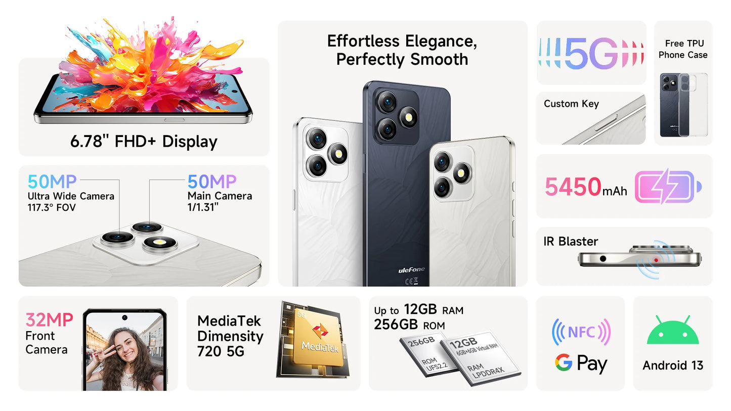 (New)Ulefone Note 18 Ultra 5G Smartphone 12GB RAM(6+6) 256GB ROM 6.78" NFC 50MP MTK Dimensity 720 Android