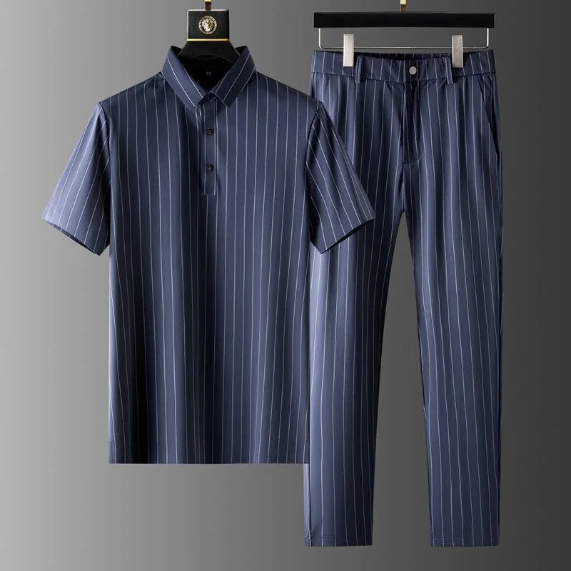 2024 Summer New Fashion Striped Ice Silk Suit Men's Casual Relaxed Comfortable Breathable High Quality Plus-Size Two-Piece Set - Topbrand24