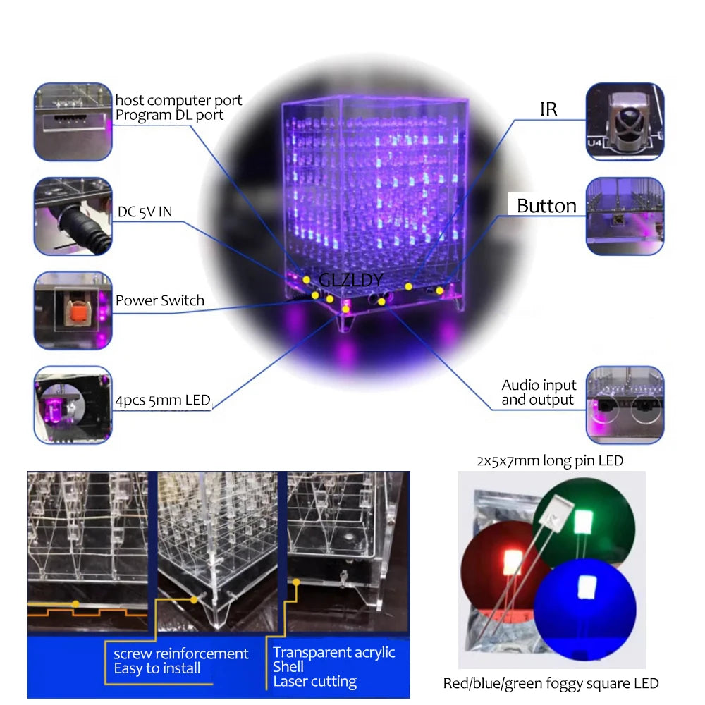 Bunte 3d 8 x8x8 LED Würfel Kit 888 Licht würfel Musik spektrum Kit Text Animation Mikro controller elektronische DIY quadratische Teile Kit - Topbrand24