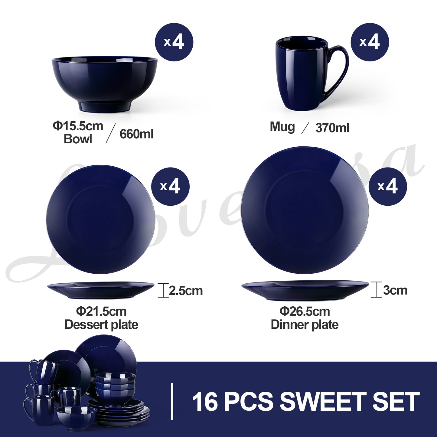 LOVECASA DS 16/32/48-Piece Dark Blue Ceramic Porcelain Dinnerware Dinner Set with Dinner Plate,Dessert Plate,Bowl,Mug Set