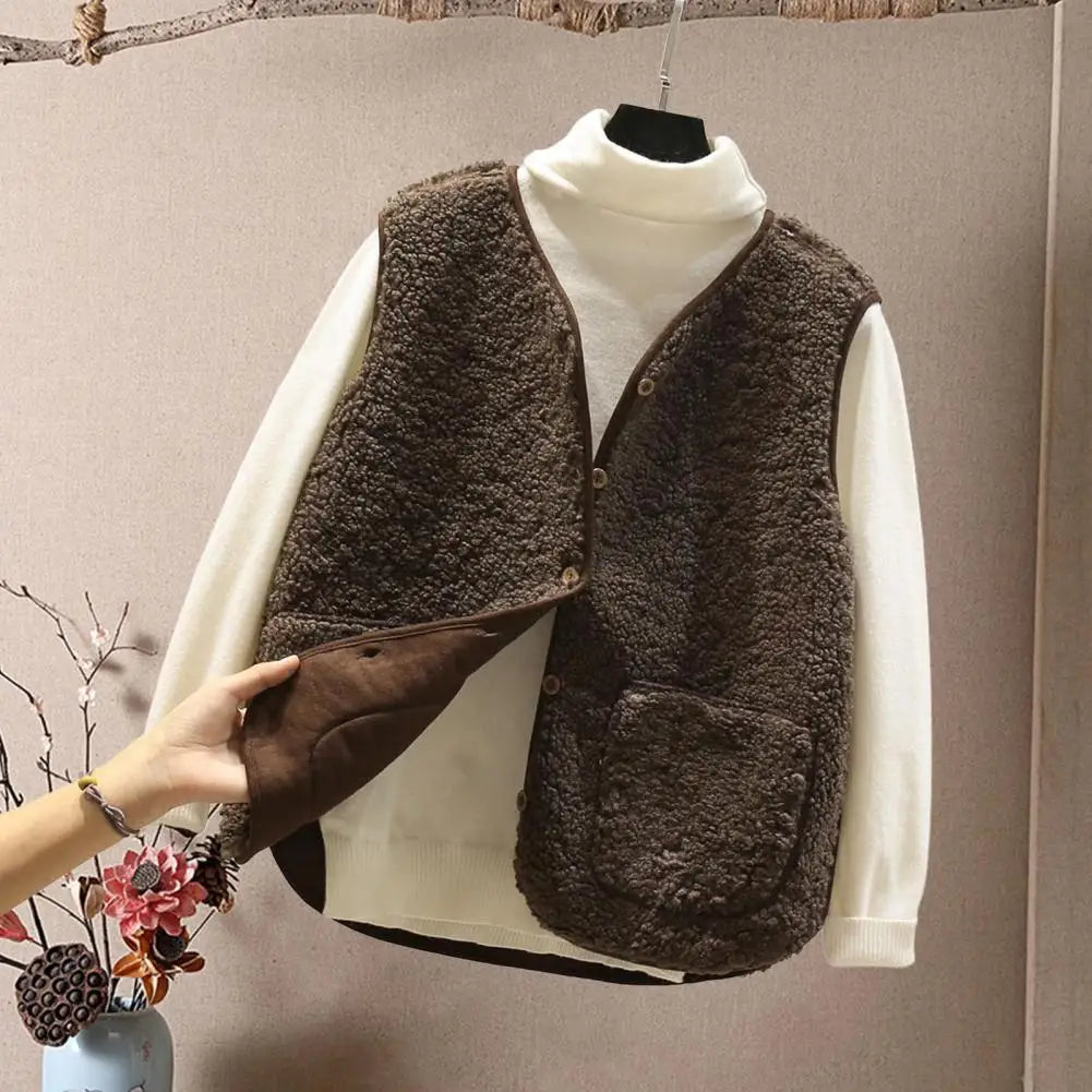 Vests New Spring Autumn Women Button Waistcoat Lamb Hair Winter Thermal Warm Thick Fleece Vests Sleeveless Jacket Ladies Coats - Topbrand24