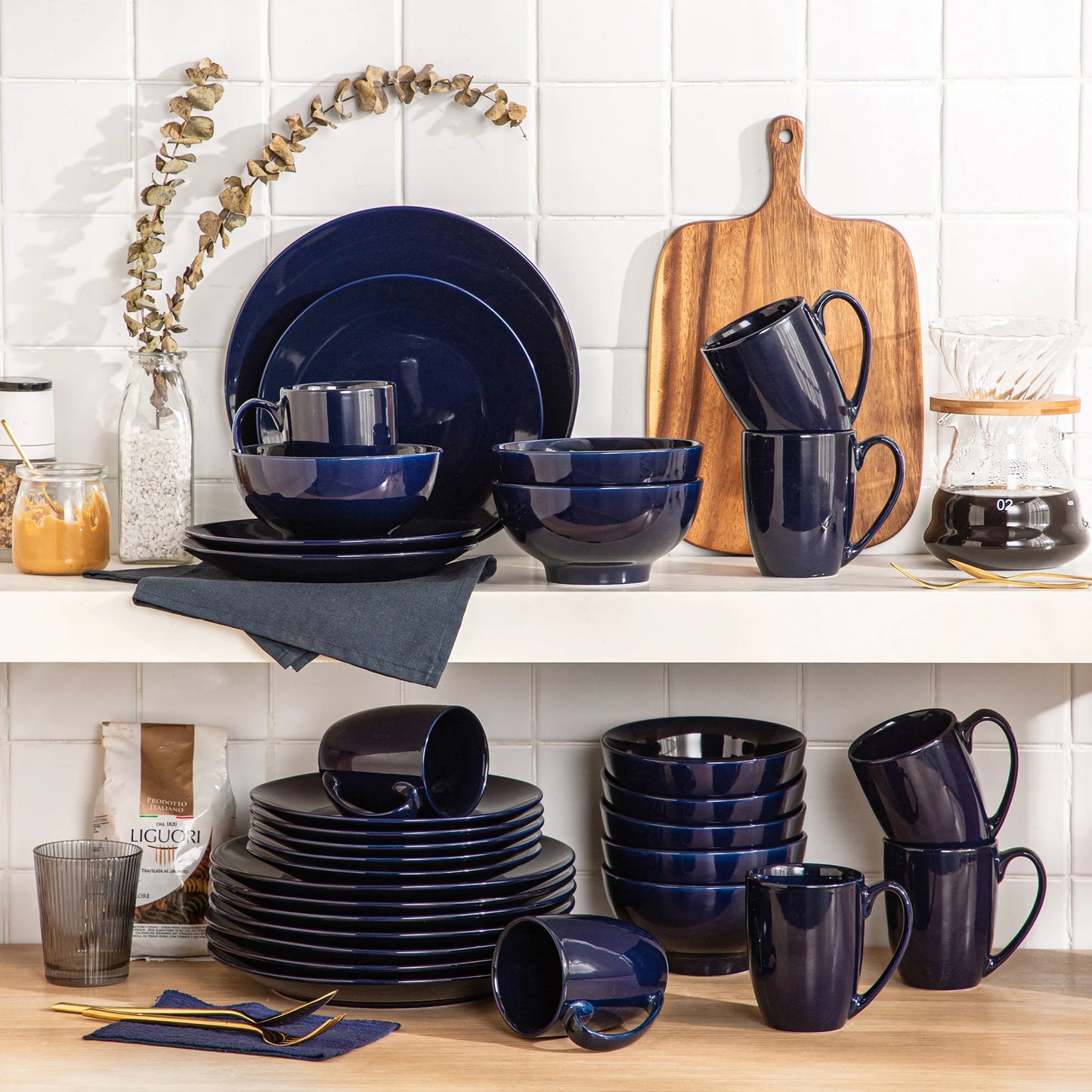 LOVECASA DS 16/32/48-Piece Dark Blue Ceramic Porcelain Dinnerware Dinner Set with Dinner Plate,Dessert Plate,Bowl,Mug Set