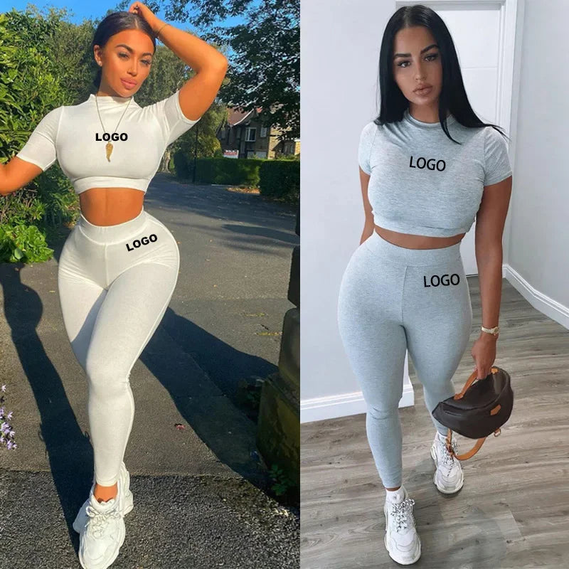 Custom Women Clothing ladies suit Two Piece Fitted Pants and crop Set Short Sleeve Skinny Crop Top Jogger Sweatpants Set Women - Topbrand24