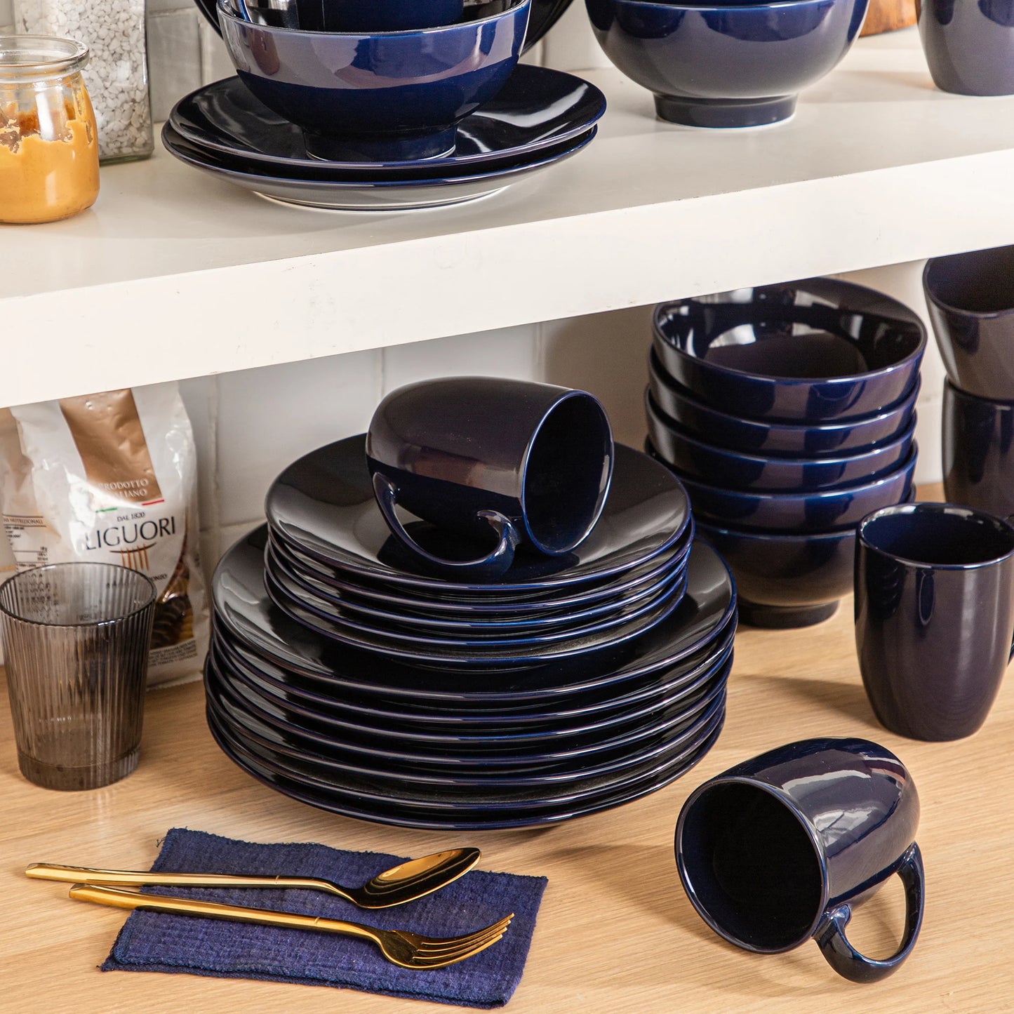 LOVECASA DS 16/32/48-Piece Dark Blue Ceramic Porcelain Dinnerware Dinner Set with Dinner Plate,Dessert Plate,Bowl,Mug Set