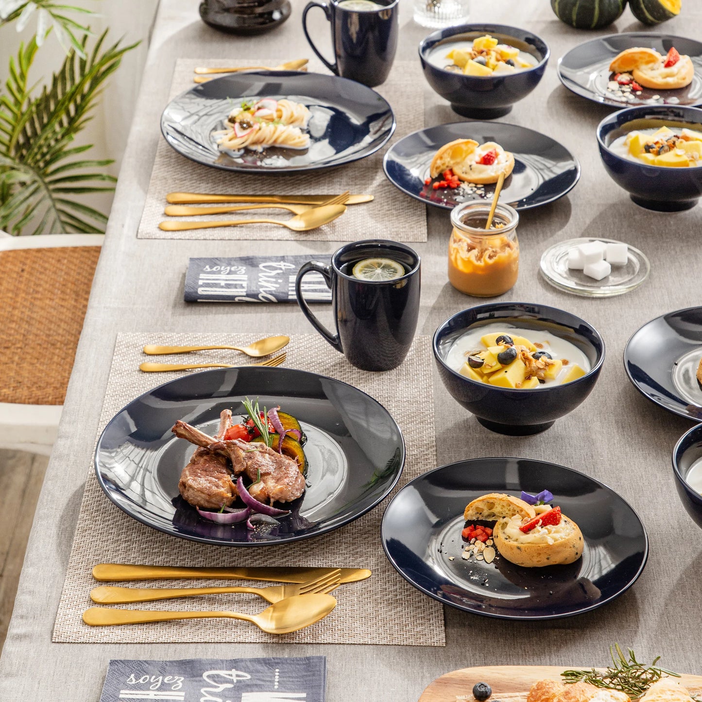 LOVECASA DS 16/32/48-Piece Dark Blue Ceramic Porcelain Dinnerware Dinner Set with Dinner Plate,Dessert Plate,Bowl,Mug Set