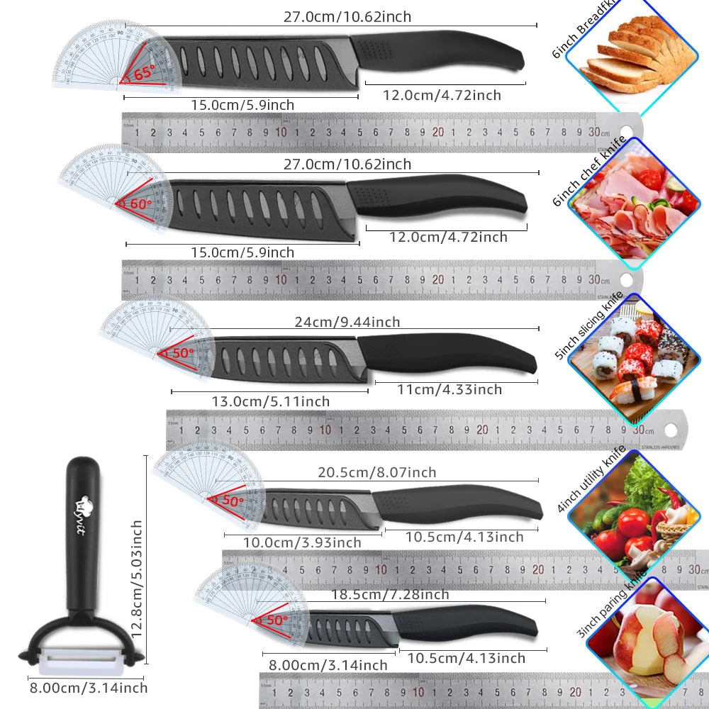 Ceramic Knives Complete Kitchen Unit 3 4 5 6 Inch Utility Fruit Slicing Peeler with Sheath Black Zirconia Blade Bread Chef Knife