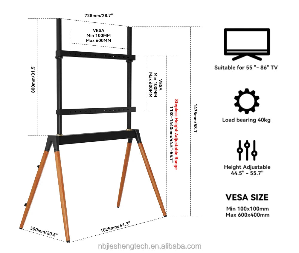 Factory Classic Easel Studio Black 55 - 86 inch Floor Standing TV Mount Carts with 4 Wood Legs VESA 600x400mm for Office Room