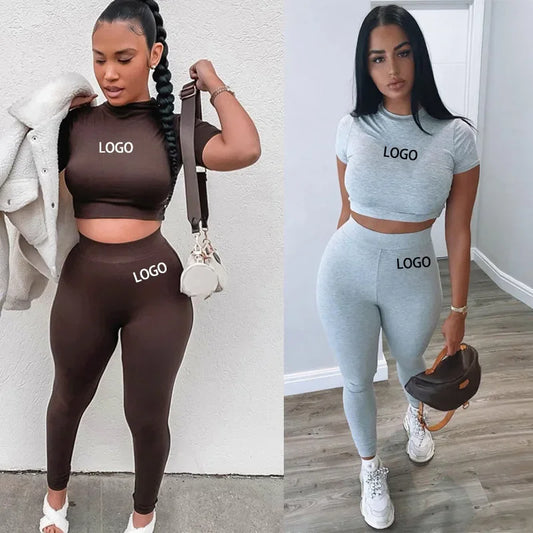 Custom Women Clothing ladies suit Two Piece Fitted Pants and crop Set Short Sleeve Skinny Crop Top Jogger Sweatpants Set Women - Topbrand24