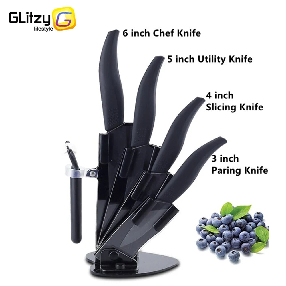 Ceramic Knives Complete Kitchen Unit 3 4 5 6 Inch Utility Fruit Slicing Peeler with Sheath Black Zirconia Blade Bread Chef Knife