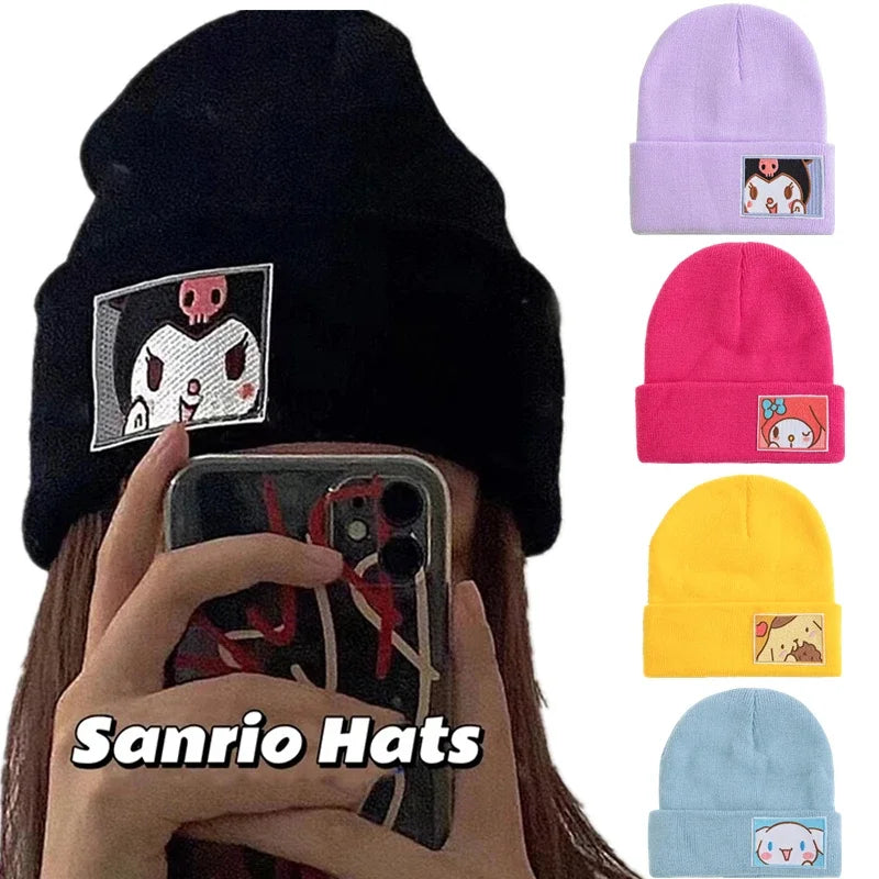 Saniro Hello Kitty Hat Hat Dopamine Candy Color Cap Women Cute Cartoon Cinna Moroll Melody Kuromi Winter Knit Hat