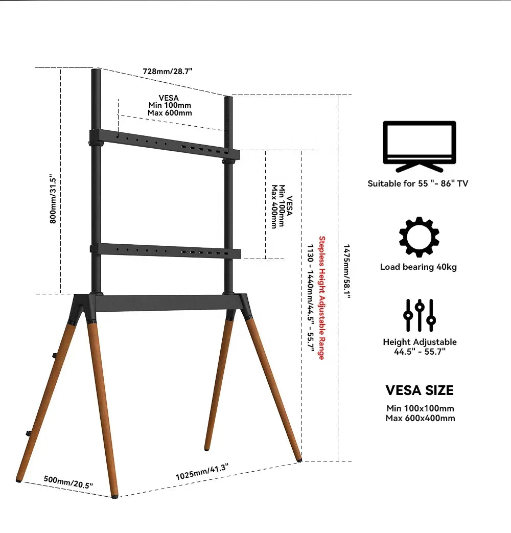 Factory Classic Easel Studio Black 55 - 86 inch Floor Standing TV Mount Carts with 4 Wood Legs VESA 600x400mm for Office Room