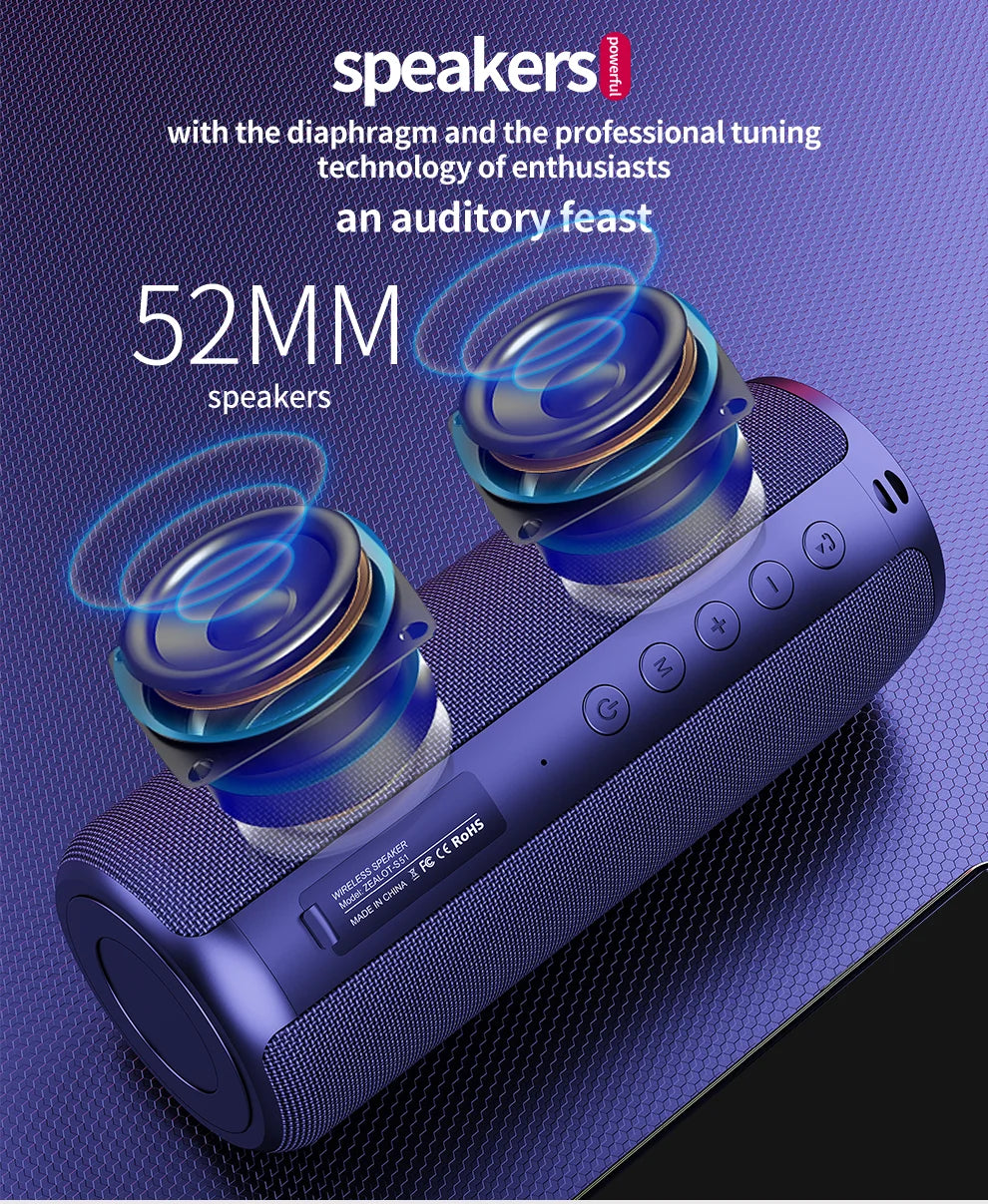 Zealot -S51 Wireless Speakers, Outdoor Portable Subwoofer Speaker ,Waterproof IPX 5, , Dual Pairing,1800mAh