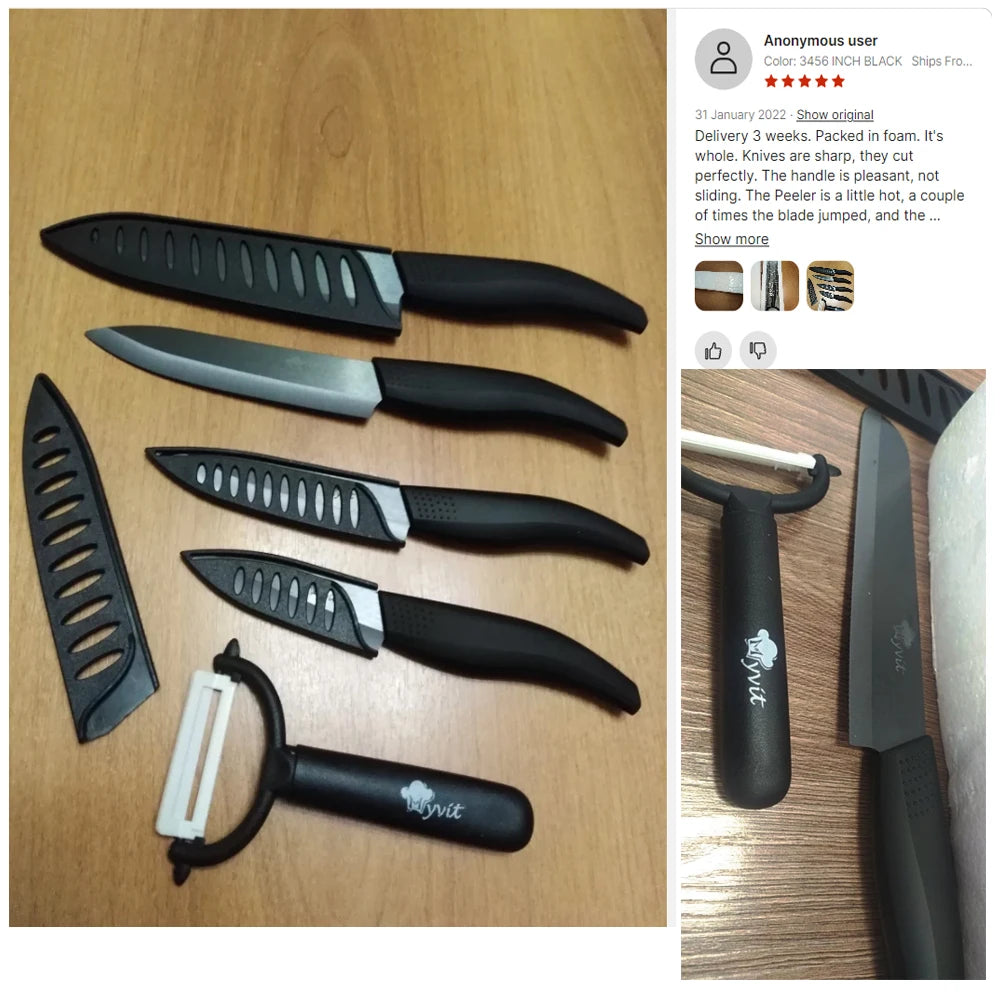 Ceramic Knives Complete Kitchen Unit 3 4 5 6 Inch Utility Fruit Slicing Peeler with Sheath Black Zirconia Blade Bread Chef Knife