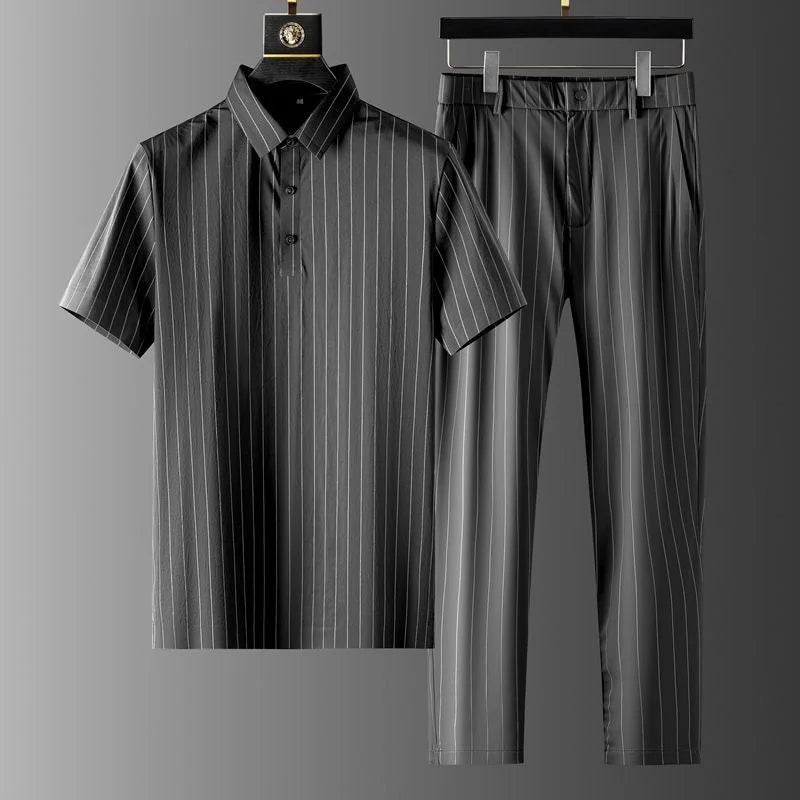 2024 Summer New Fashion Striped Ice Silk Suit Men's Casual Relaxed Comfortable Breathable High Quality Plus-Size Two-Piece Set - Topbrand24