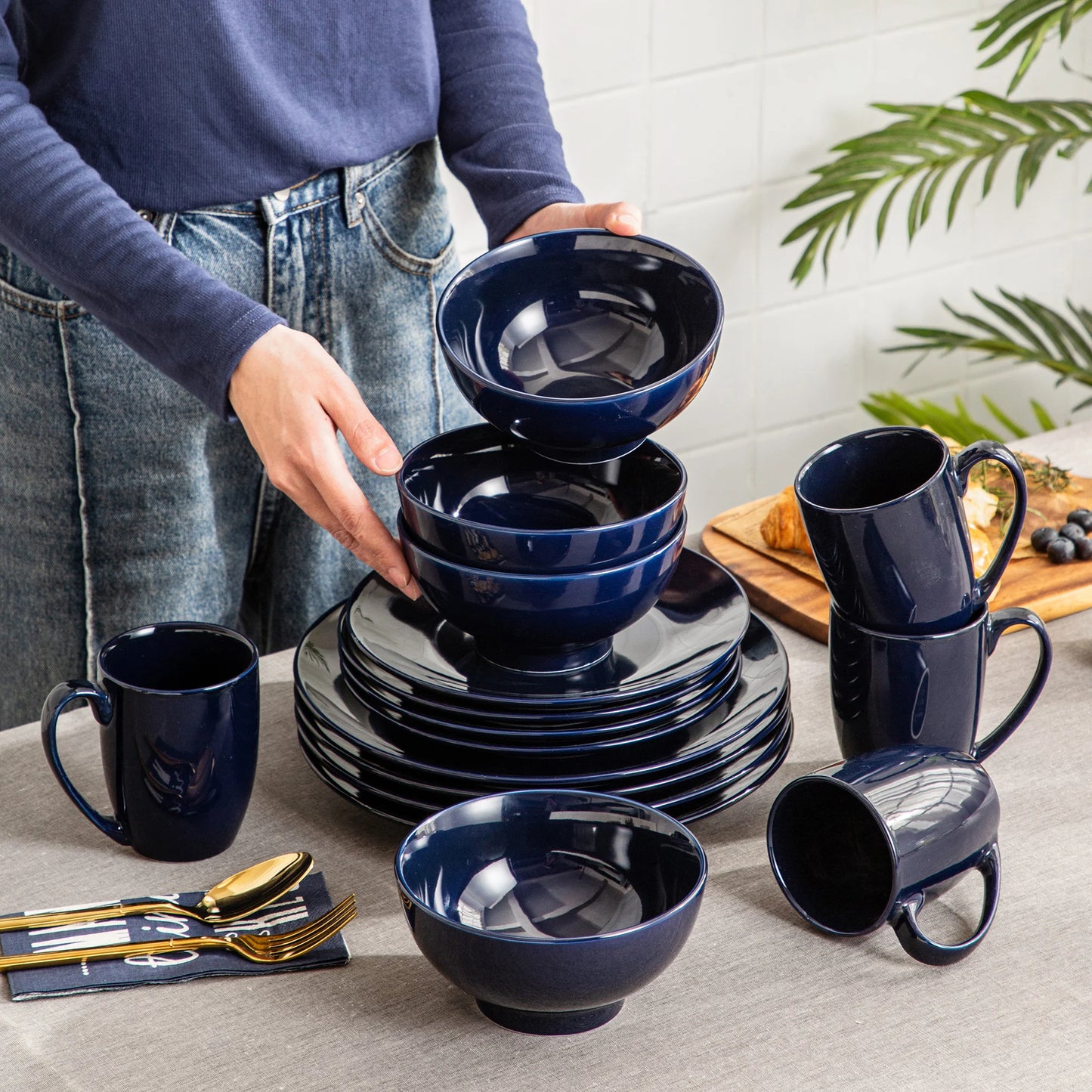 LOVECASA DS 16/32/48-Piece Dark Blue Ceramic Porcelain Dinnerware Dinner Set with Dinner Plate,Dessert Plate,Bowl,Mug Set