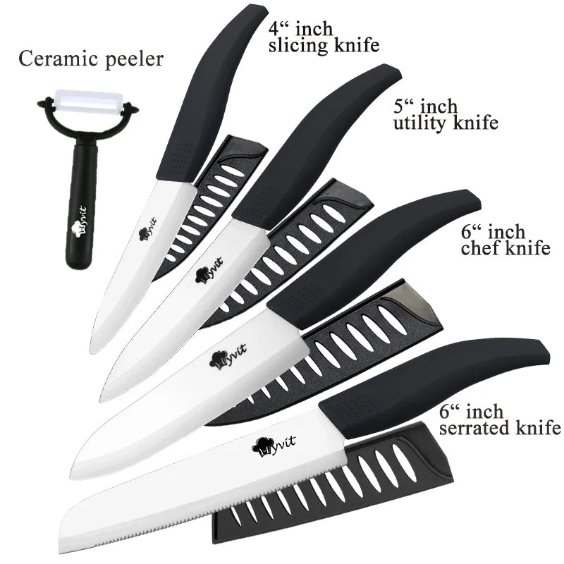 Ceramic Knives Complete Kitchen Unit 3 4 5 6 Inch Utility Fruit Slicing Peeler with Sheath Black Zirconia Blade Bread Chef Knife