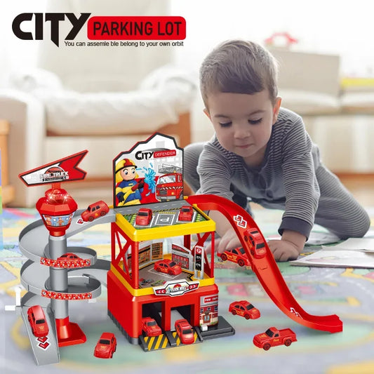 Kids Rail Car Parking Lot Diy Assembled Runway Inertia Car Engineering Vehicle Children Gift Multi-Storey Car Parking Building