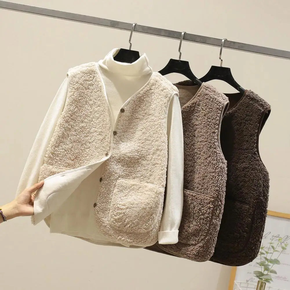 Vests New Spring Autumn Women Button Waistcoat Lamb Hair Winter Thermal Warm Thick Fleece Vests Sleeveless Jacket Ladies Coats - Topbrand24