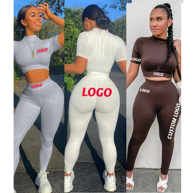 Custom Women Clothing ladies suit Two Piece Fitted Pants and crop Set Short Sleeve Skinny Crop Top Jogger Sweatpants Set Women - Topbrand24