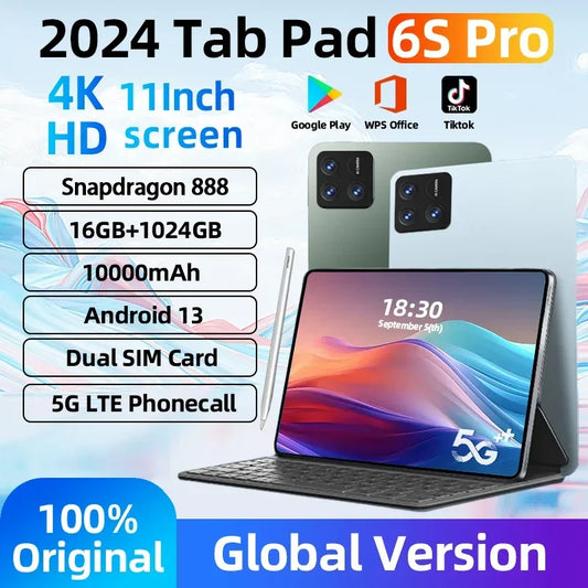 2024Global Version Original Pad 6S Pro Android 14 Tablet PC 11inch  HD 4K 16GB+1T 20000mAh 5G Dual SIM Bluetooth WiFi GPS Tablet - Topbrand24